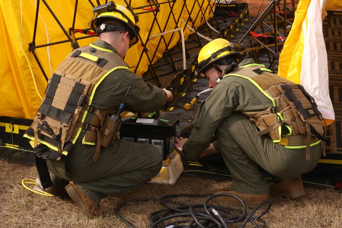 PERRY, Ga. – Decontamination Platoon and Identification and Detection Platoon with Chemical Biological Incident Response Force, CBIRF, U.S. Marine Corps Forces Command, executed Advanced Decontamination/ Identification and Detection Training at Guardian Centers, Perry, Ga., Dec. 11-14, 2017. During the week-long training the platoons refined their skills in setup and breakdown of decontamination sites, decontamination of role players, and identification and detection of known agents in several scenarios including mass casualty, radiation scenario and a subway scenario.  (Official USMC Photos by Staff Sgt. Santiago G. Colon Jr.)