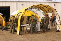 PERRY, Ga. – Decontamination Platoon and Identification and Detection Platoon with Chemical Biological Incident Response Force, CBIRF, U.S. Marine Corps Forces Command, executed Advanced Decontamination/ Identification and Detection Training at Guardian Centers, Perry, Ga., Dec. 11-14, 2017. During the week-long training the platoons refined their skills in setup and breakdown of decontamination sites, decontamination of role players, and identification and detection of known agents in several scenarios including mass casualty, radiation scenario and a subway scenario.  (Official USMC Photos by Staff Sgt. Santiago G. Colon Jr.)