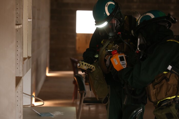 PERRY, Ga. – Decontamination Platoon and Identification and Detection Platoon with Chemical Biological Incident Response Force, CBIRF, U.S. Marine Corps Forces Command, executed Advanced Decontamination/ Identification and Detection Training at Guardian Centers, Perry, Ga., Dec. 11-14, 2017. During the week-long training the platoons refined their skills in setup and breakdown of decontamination sites, decontamination of role players, and identification and detection of known agents in several scenarios including mass casualty, radiation scenario and a subway scenario.  (Official USMC Photos by Staff Sgt. Santiago G. Colon Jr.)