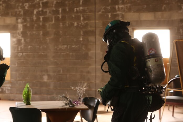 PERRY, Ga. – Decontamination Platoon and Identification and Detection Platoon with Chemical Biological Incident Response Force, CBIRF, U.S. Marine Corps Forces Command, executed Advanced Decontamination/ Identification and Detection Training at Guardian Centers, Perry, Ga., Dec. 11-14, 2017. During the week-long training the platoons refined their skills in setup and breakdown of decontamination sites, decontamination of role players, and identification and detection of known agents in several scenarios including mass casualty, radiation scenario and a subway scenario.  (Official USMC Photos by Staff Sgt. Santiago G. Colon Jr.)