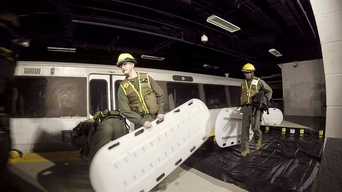 PERRY, Ga. – Decontamination Platoon and Identification and Detection Platoon with Chemical Biological Incident Response Force, CBIRF, U.S. Marine Corps Forces Command, executed Advanced Decontamination/ Identification and Detection Training at Guardian Centers, Perry, Ga., Dec. 11-14, 2017. During the week-long training the platoons refined their skills in setup and breakdown of decontamination sites, decontamination of role players, and identification and detection of known agents in several scenarios including mass casualty, radiation scenario and a subway scenario.  (Official USMC Photos by Staff Sgt. Santiago G. Colon Jr.)