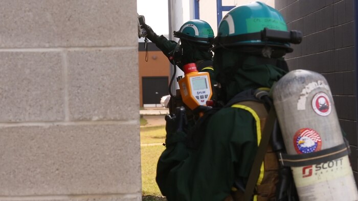 PERRY, Ga. – Decontamination Platoon and Identification and Detection Platoon with Chemical Biological Incident Response Force, CBIRF, U.S. Marine Corps Forces Command, executed Advanced Decontamination/ Identification and Detection Training at Guardian Centers, Perry, Ga., Dec. 11-14, 2017. During the week-long training the platoons refined their skills in setup and breakdown of decontamination sites, decontamination of role players, and identification and detection of known agents in several scenarios including mass casualty, radiation scenario and a subway scenario.  (Official USMC Photos by Staff Sgt. Santiago G. Colon Jr.)