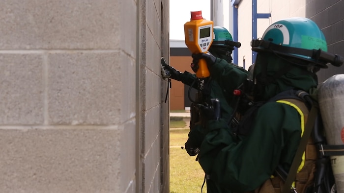 PERRY, Ga. – Decontamination Platoon and Identification and Detection Platoon with Chemical Biological Incident Response Force, CBIRF, U.S. Marine Corps Forces Command, executed Advanced Decontamination/ Identification and Detection Training at Guardian Centers, Perry, Ga., Dec. 11-14, 2017. During the week-long training the platoons refined their skills in setup and breakdown of decontamination sites, decontamination of role players, and identification and detection of known agents in several scenarios including mass casualty, radiation scenario and a subway scenario.  (Official USMC Photos by Staff Sgt. Santiago G. Colon Jr.)