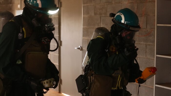 PERRY, Ga. – Decontamination Platoon and Identification and Detection Platoon with Chemical Biological Incident Response Force, CBIRF, U.S. Marine Corps Forces Command, executed Advanced Decontamination/ Identification and Detection Training at Guardian Centers, Perry, Ga., Dec. 11-14, 2017. During the week-long training the platoons refined their skills in setup and breakdown of decontamination sites, decontamination of role players, and identification and detection of known agents in several scenarios including mass casualty, radiation scenario and a subway scenario.  (Official USMC Photos by Staff Sgt. Santiago G. Colon Jr.)