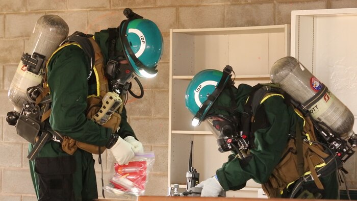 PERRY, Ga. – Decontamination Platoon and Identification and Detection Platoon with Chemical Biological Incident Response Force, CBIRF, U.S. Marine Corps Forces Command, executed Advanced Decontamination/ Identification and Detection Training at Guardian Centers, Perry, Ga., Dec. 11-14, 2017. During the week-long training the platoons refined their skills in setup and breakdown of decontamination sites, decontamination of role players, and identification and detection of known agents in several scenarios including mass casualty, radiation scenario and a subway scenario.  (Official USMC Photos by Staff Sgt. Santiago G. Colon Jr.)