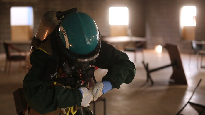 PERRY, Ga. – Decontamination Platoon and Identification and Detection Platoon with Chemical Biological Incident Response Force, CBIRF, U.S. Marine Corps Forces Command, executed Advanced Decontamination/ Identification and Detection Training at Guardian Centers, Perry, Ga., Dec. 11-14, 2017. During the week-long training the platoons refined their skills in setup and breakdown of decontamination sites, decontamination of role players, and identification and detection of known agents in several scenarios including mass casualty, radiation scenario and a subway scenario.  (Official USMC Photos by Staff Sgt. Santiago G. Colon Jr.)