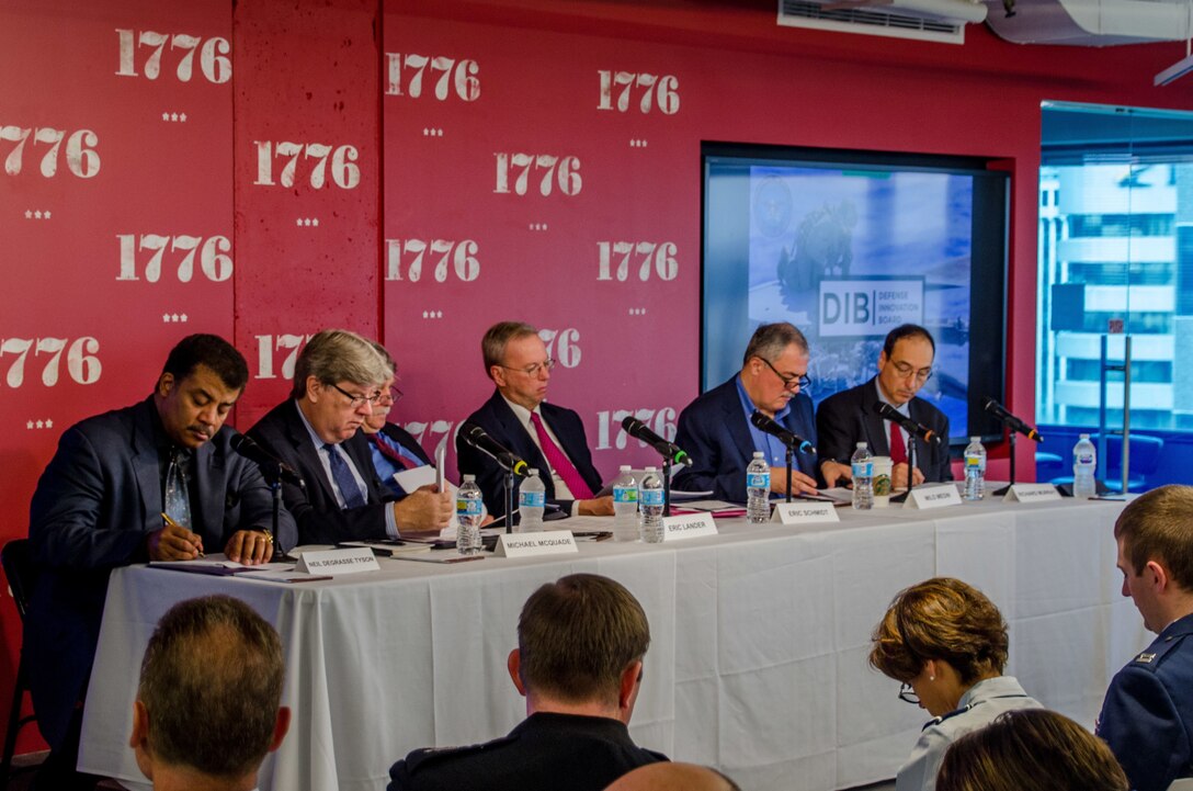 Members of the Defense Innovation Board listen to comments during a public meeting.