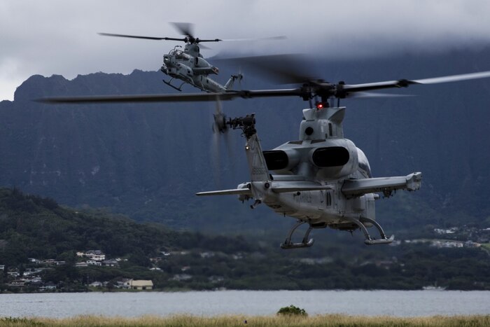 The first three AH-1Z Viper attack helicopters arrive at Marine Corps Air Station, Kaneohe Bay, Hawaii, Dec. 19, 2017. The arrival of the 4th-generation attack helicopters enhances the capabilities and power projection of Marine Light Attack Helicopter Squadron 367, Marine Aircraft Group 24, 1st Marine Aircraft Wing and Marine Corps Base Hawaii. Marine Corps photo by Sgt. Alex Kouns