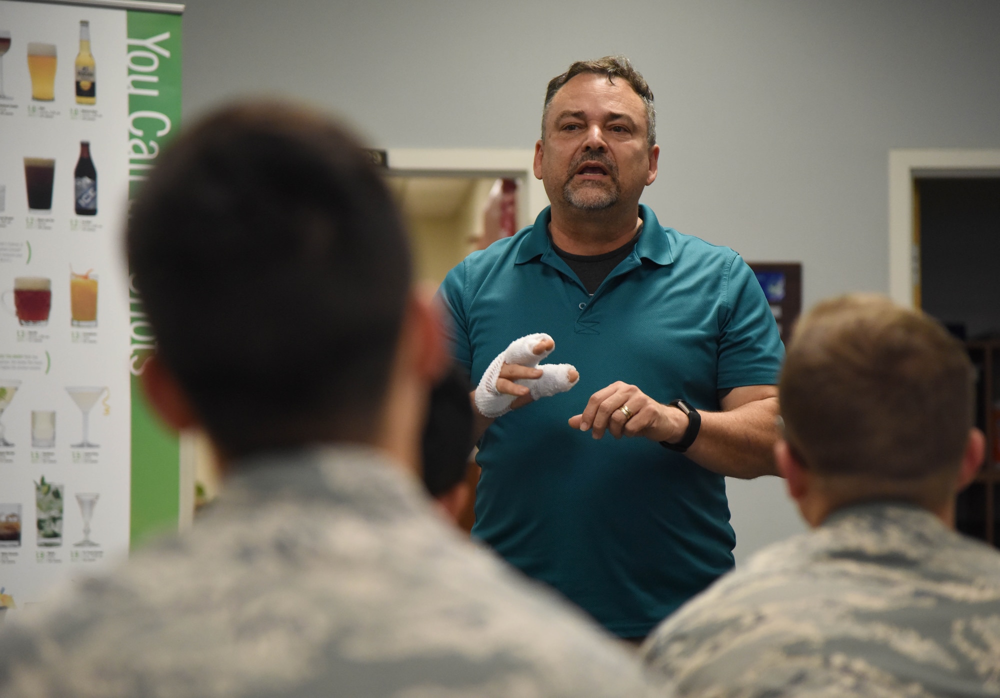 Paul Ahlberg, 81st Medical Operations Squadron certified alcohol drug counselor, speaks to Airmen about alcohol awareness at the 81st Communications Squadron Dec. 19, 2017, on Keesler Air Force Base, Mississippi. December is Impaired Driving Awareness Month. More than 200 people were killed in Mississippi last year in drunk driving related incidents. (U.S. Air Force photo by Kemberly Groue)