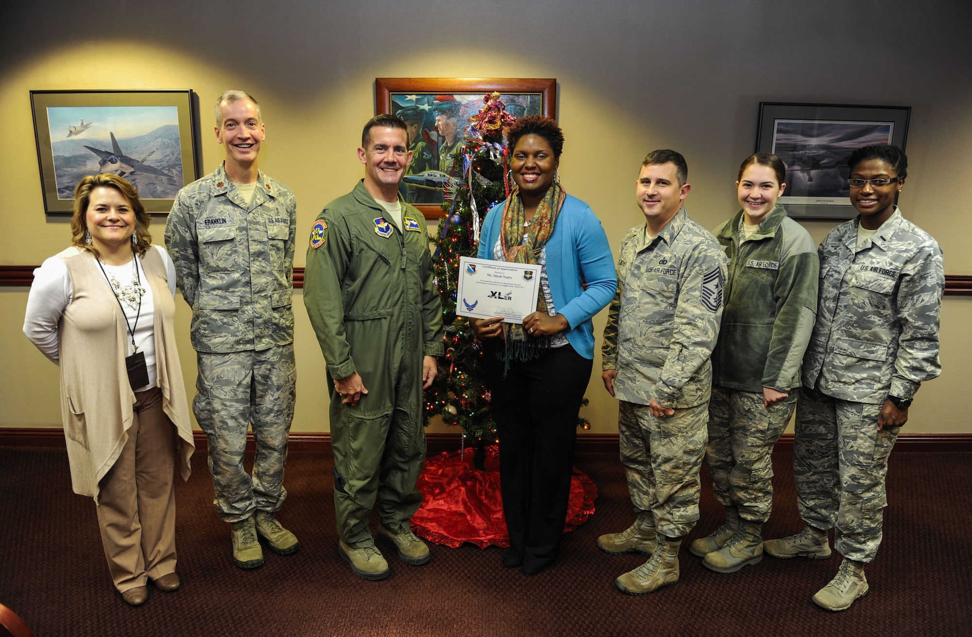 Aliyah Negley, 47th Flying Training Wing community support coordinator, was chosen by wing leadership to be “XLer of the week”, for the week of Dec. 13, 2017. The “XLer” award, presented by Col. Charlie Velino, 47th Flying Training Wing wing commander, is given to those who consistently make outstanding contributions to their unit and the Laughlin mission.