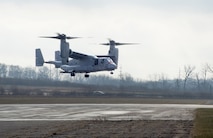 An U.S. Marine Corps MV-22 Osprey belonging to Air Test and Evaluation Squadron 21 (HX-21) makes its approach to a runway on Wright-Patterson Air Force Base, Ohio, Area B, near the National Museum of the Air Force Dec. 19, 2017. The aircraft was signed over to Naval Medical Research Unit-Dayton to be used in research to minimize injuries to aircrew members. (U.S. Air Force photo by R.J. Oriez)