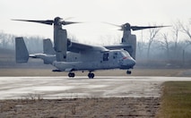 An U.S. Marine Corps MV-22 Osprey belonging to Air Test and Evaluation Squadron 21 (HX-21) lands at Wright-Patterson Air Force Base, Ohio, Area B, near the National Museum of the Air Force Dec. 19, 2017. The aircraft was signed over to Naval Medical Research Unit-Dayton to be used in research to minimize injuries to aircrew members. (U.S. Air Force photo by R.J. Oriez)