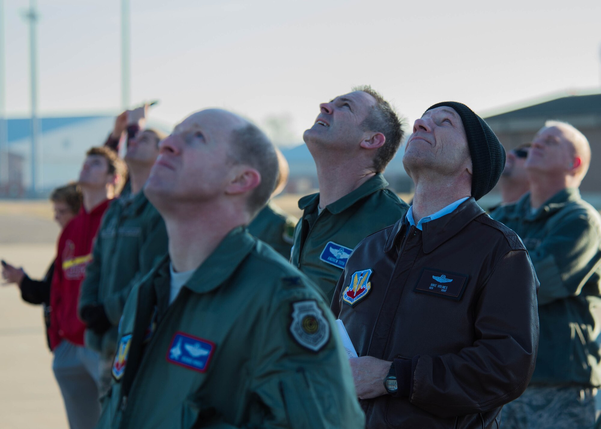 Air Combat Command and 1st Fighter Wing leadership observe an F-22 Raptor Demonstration Team performance at Joint Base Langley-Eustis, Va., Dec. 18, 2017.