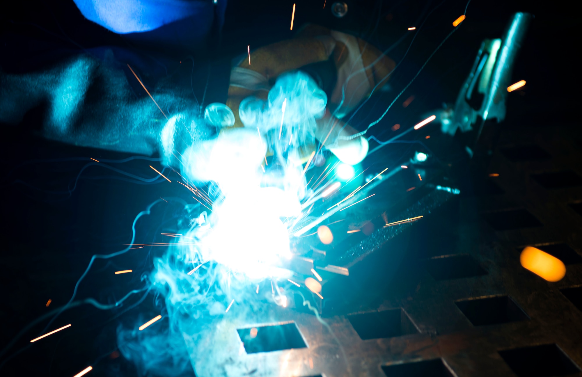 Airman 1st Class Heather Chambers, 23d Maintenance Squadron aircraft metals technology journeyman, performs tungsten inert gas welding on a steel plate, Dec. 19, 2017, at Moody Air Force Base, Ga. Metals technology technicians strive for perfection when fabricating and repairing Team Moody’s aircraft and equipment to ensure they maintain their continual high ops tempo. (U.S. Air Force photo by Airman 1st Class Erick Requadt)