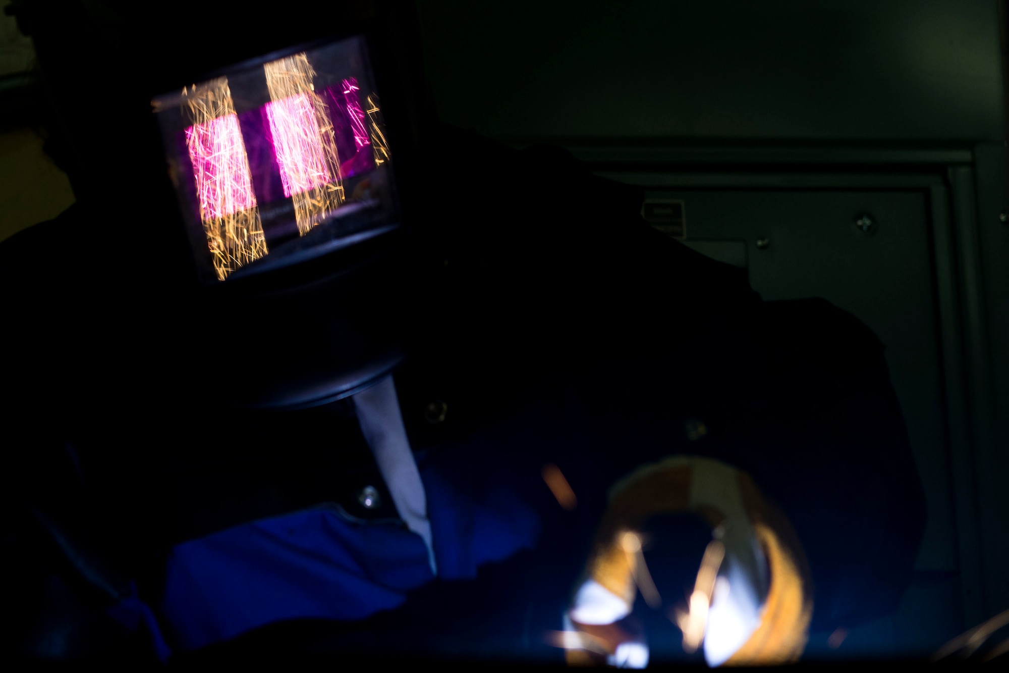 Airman 1st Class Heather Chambers, 23d Maintenance Squadron aircraft metals technology journeyman, plasma cuts a steel plate, Dec. 19, 2017, at Moody Air Force Base, Ga. Metals technology technicians strive for perfection when fabricating and repairing Team Moody’s aircraft and equipment to ensure they maintain their continual high ops tempo. (U.S. Air Force photo by Airman 1st Class Erick Requadt)