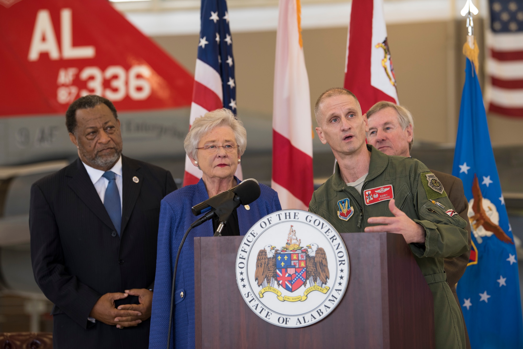 Brig. Gen. Randy Efferson talks to media at a press conference at Dannelly Field.