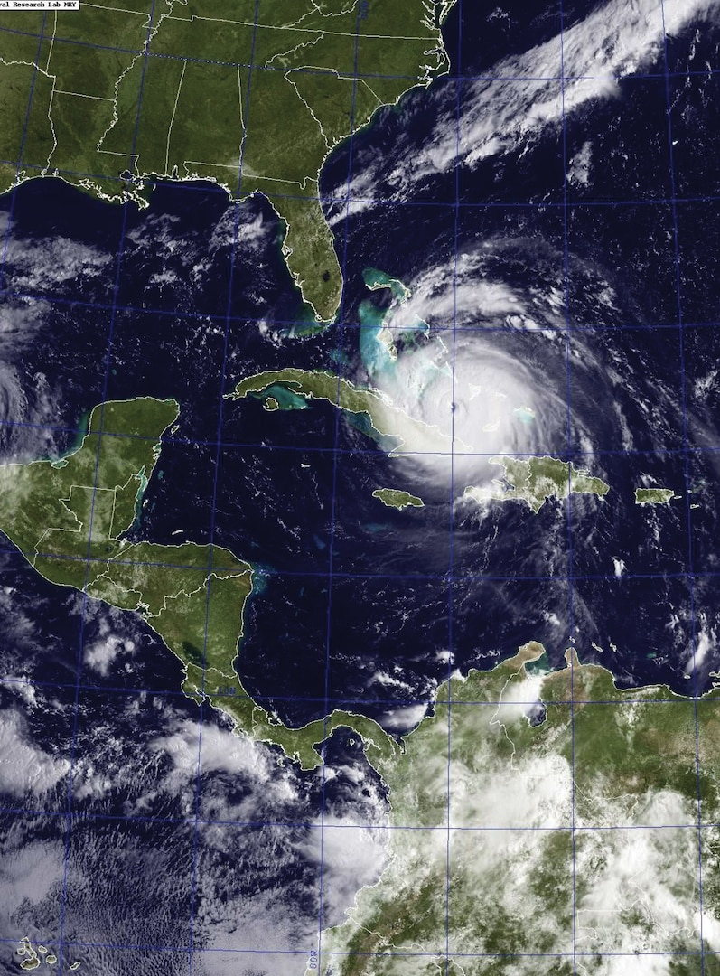 A satellite image from September 7, 2017 shows Hurricane
Irma (center) and Hurricane Jose (right) in the Atlantic Ocean
and Hurricane Katia in the Gulf of Mexico. (U.S. Navy)