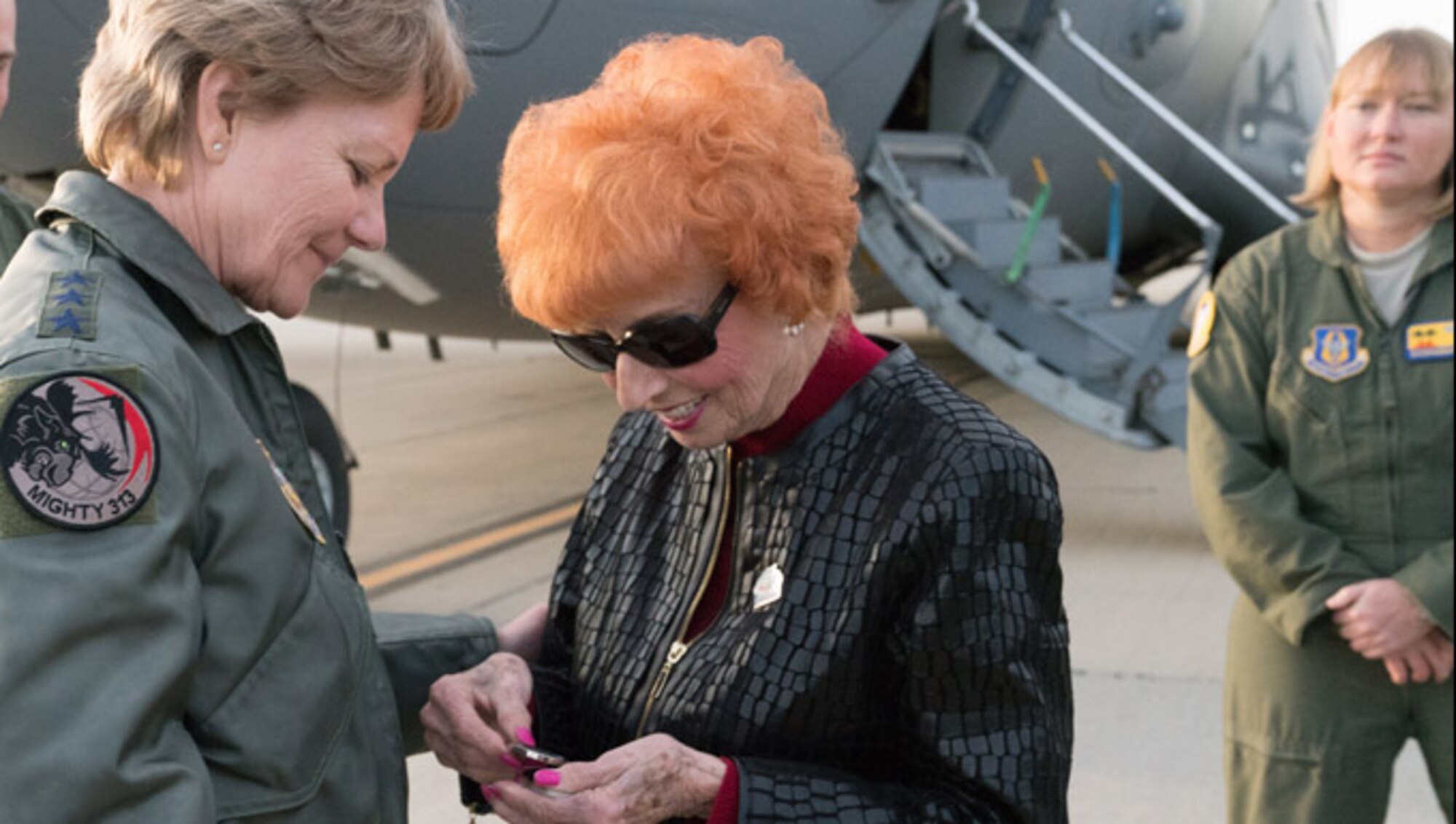 Ms. Elinor Otto visits March Air Reserve Base for a historic flight aboard the C-17.