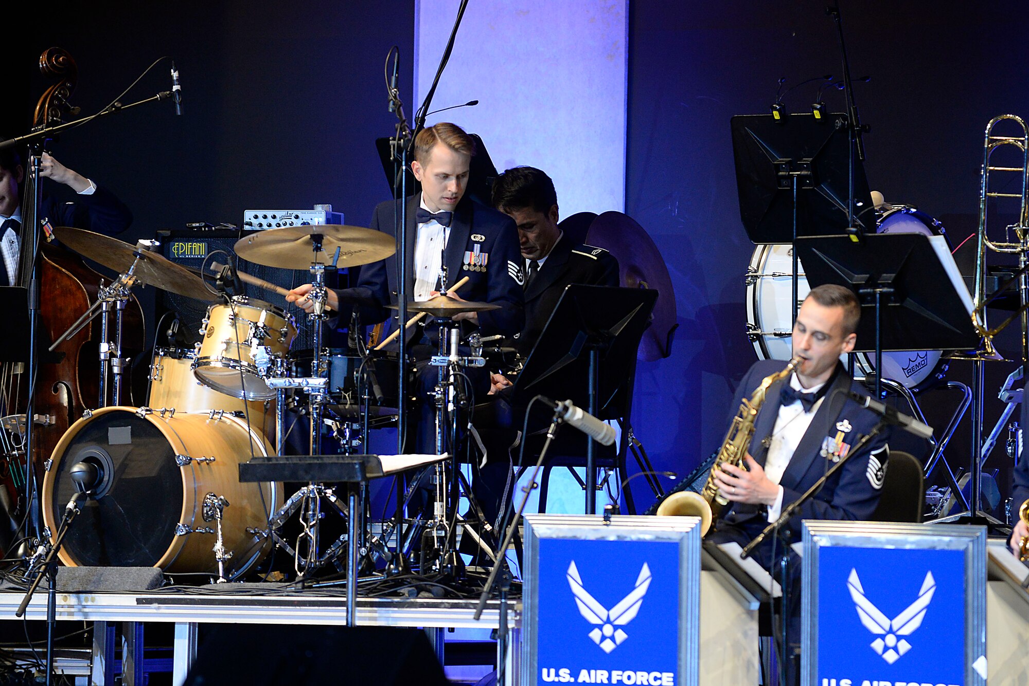 U.S. Air Force Staff Sgt. Benjamin Johnson, U.S. Air Force Band of the Pacific percussionist, performs during the Sounds of the Season concert, Dec. 19, 2017, at Yokota Air Base, Japan.