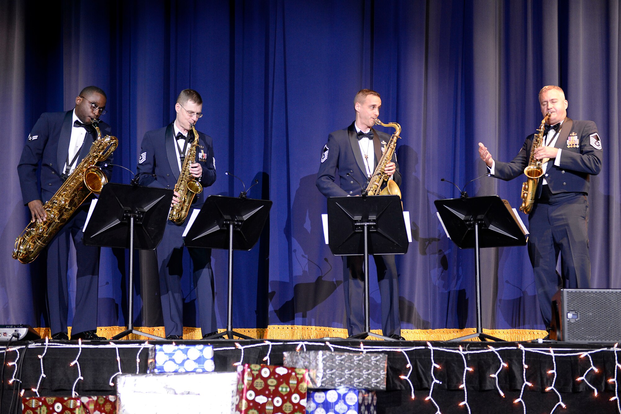 Members of the Saxophone Quartet, U.S. Air Force Band of the Pacific ensemble, perform at the Sounds of the Season concert, Dec. 19, 2017, at Yokota Air Base, Japan.