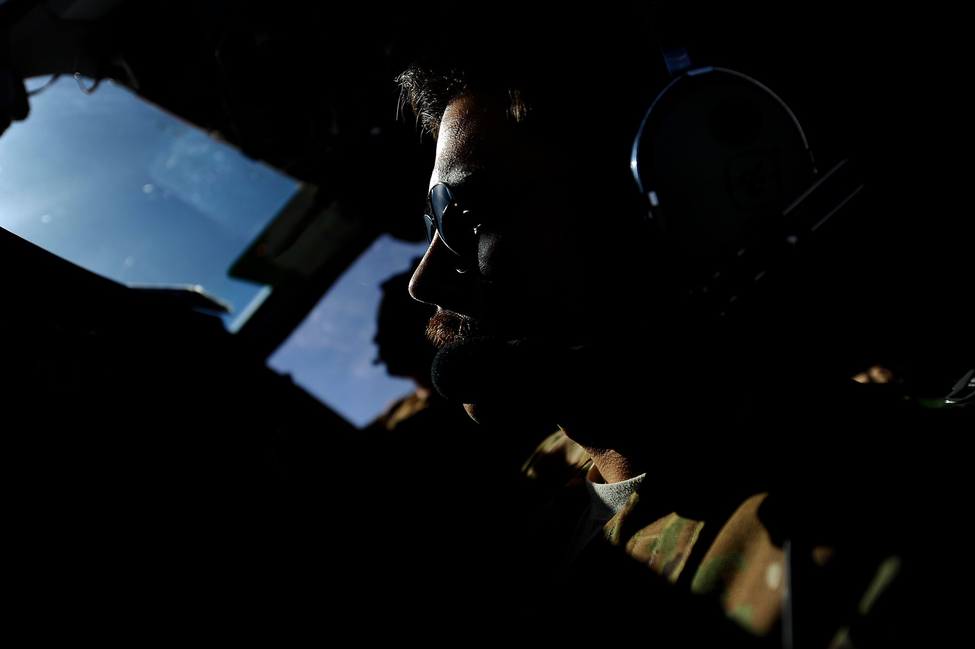 1st Lt. Christopher Junio, a KC-10 Extender pilot assigned to the 908th Expeditionary Air Refueling Squadron, flies the aircraft during a refueling mission over Iraq Dec. 2, 2017.
 The KC-10 provides U.S. and Coalition military aircraft tactical refueling capability in support of Operation Inherent Resolve. 

 (U.S. Air Force photo by Tech. Sgt. Anthony Nelson Jr.)