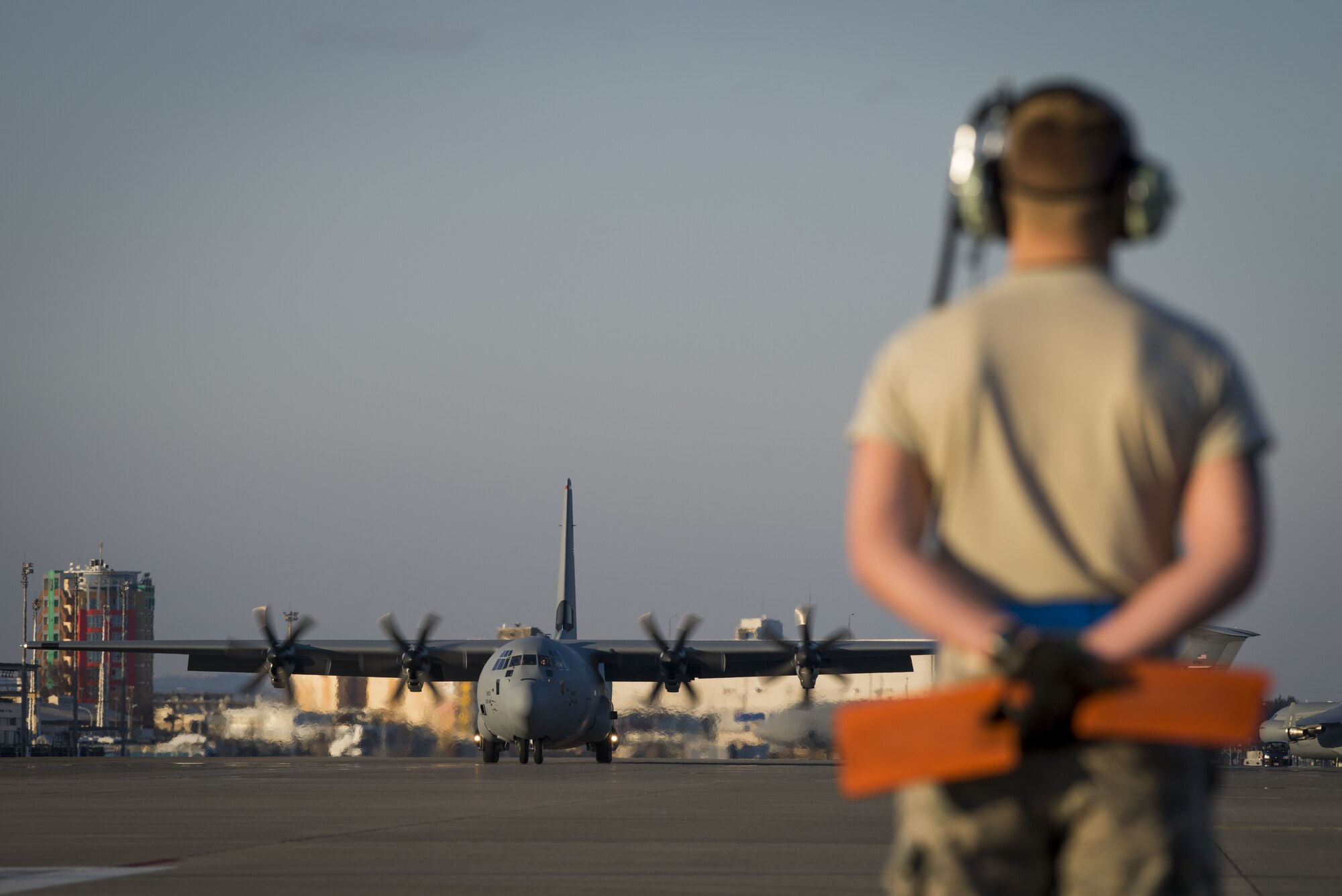 A C-130J Super Hercules taxies down the flightline, Dec. 21, 2017, at Yokota Air Base, Japan.