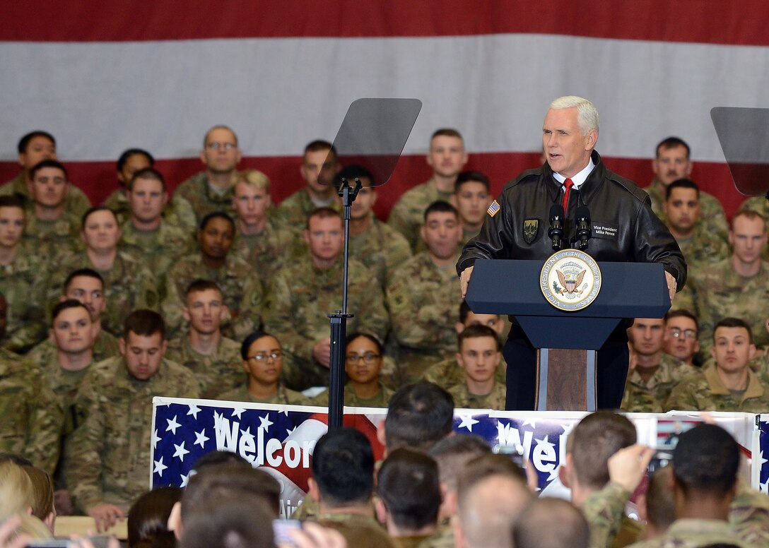 Vice President of the United States Mike Pence visits U.S. service members and speaks on the strategy in Afghanistan, Dec. 21, 2017 at Bagram Airfield.