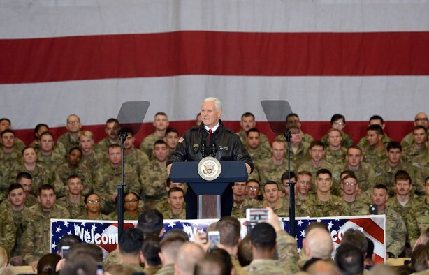 Vice President of the United States Mike Pence visits U.S. service members and speaks on the strategy in Afghanistan, Dec. 21, 2017 at Bagram Airfield.