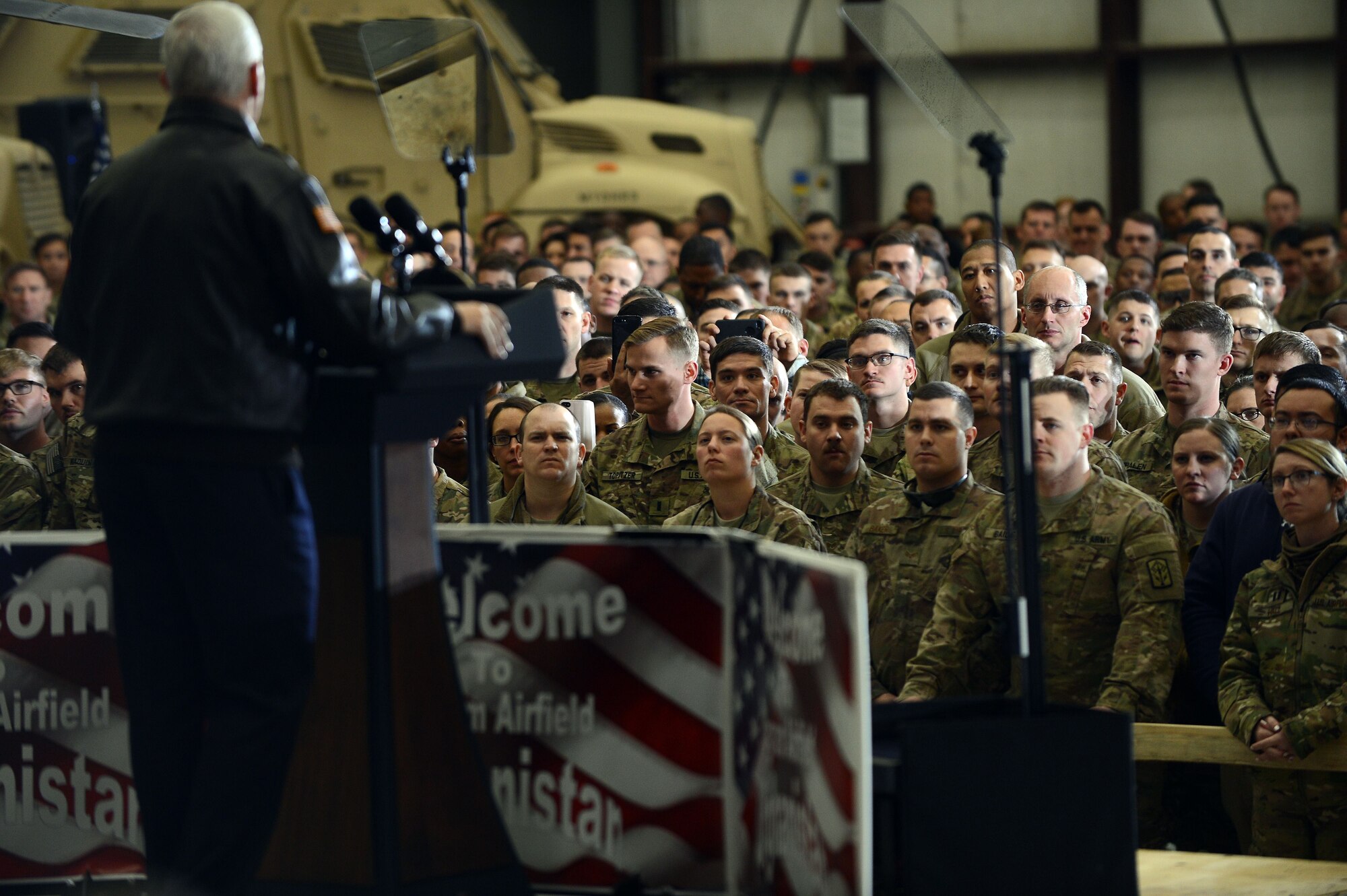 Vice President of the United States Mike Pence visits U.S. service members and speaks on the strategy in Afghanistan, Dec. 21, 2017 at Bagram Airfield.