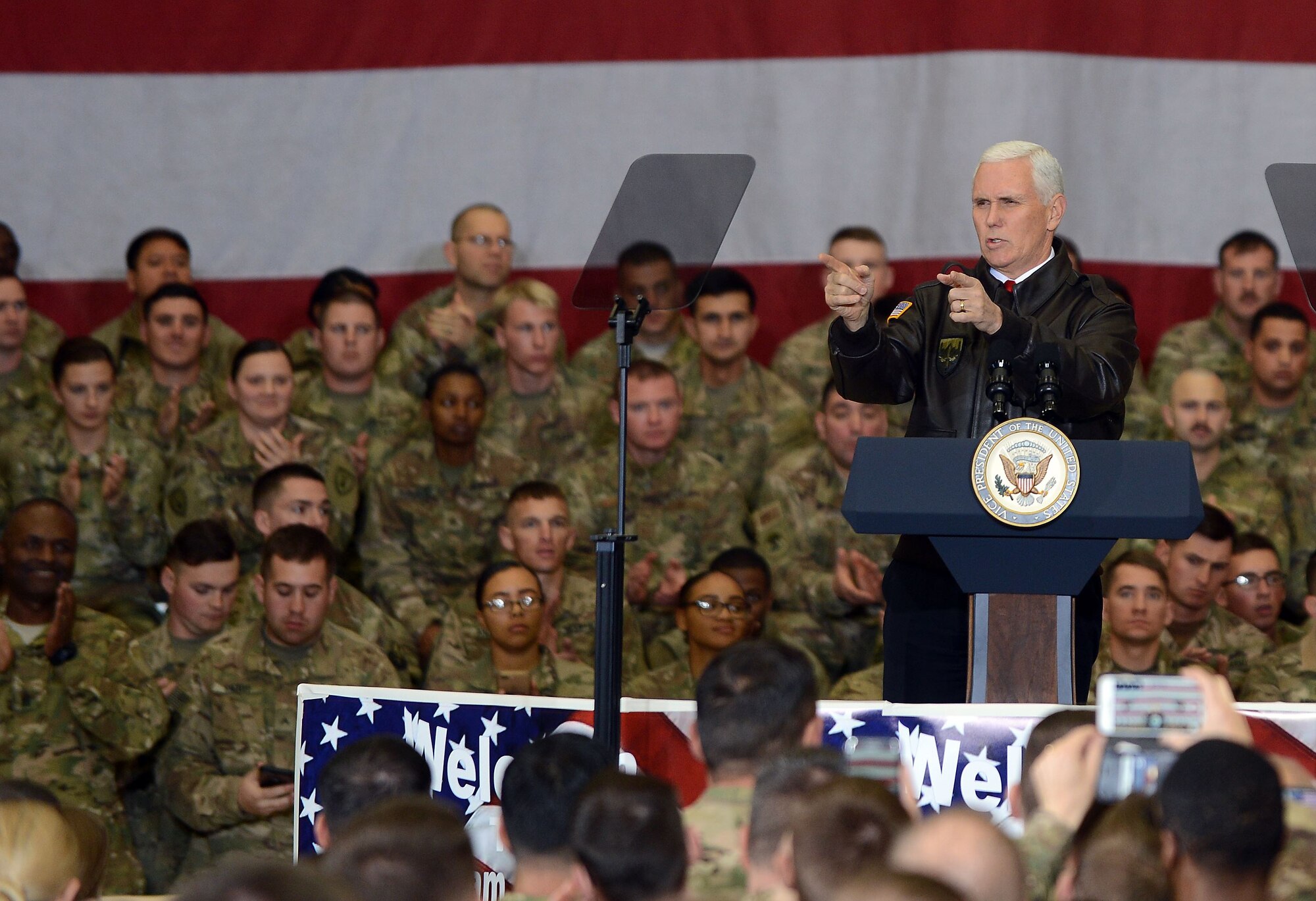 Vice President of the United States Mike Pence visits U.S. service members and speaks on the strategy in Afghanistan, Dec. 21, 2017 at Bagram Airfield.
