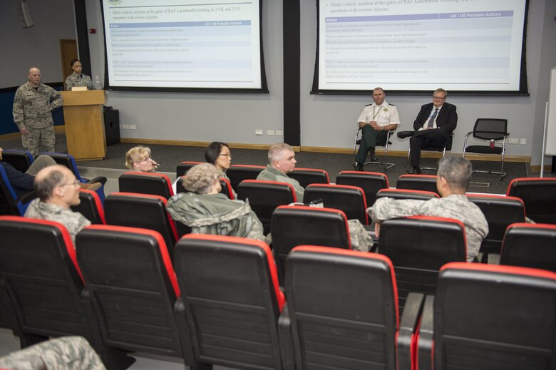 Members of the U.K. National Health Service, 48th Fighter Wing Medical Group and other first responders discuss major or minor incident scenarios during an emergency management orientation and crosstalk event at Royal Air Force Lakenheath, England, Dec. 15. The EM orientation and crosstalk was the first part of a three-step plan with the final portion being a functional exercise. (U.S. Air Force photo/Tech. Sgt. Emerson Nunez)