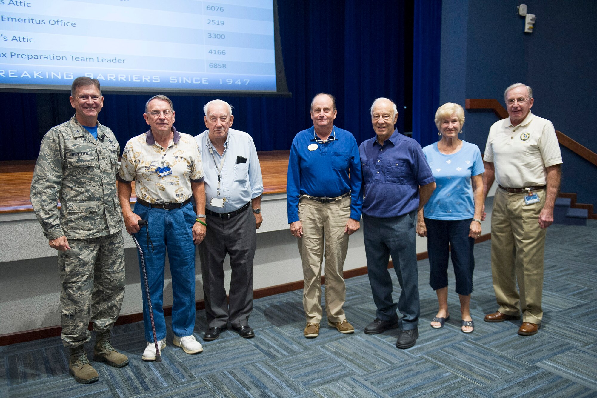 Brig. Gen. Wayne Monteith, 45th Space Wing commander, recognized and thanked 11 Project Emeritus volunteers for their dedication and service during a Commander’s Call on Dec. 15, 2017, at Patrick Air Force Base, Fla. Volunteers recognized have accounted for more than 44,000 volunteer hours. By comparison, that is equivalent to 24.5 years of fulltime employment. For more information about Project Emeritus, click here. (Not all volunteers are pictured) (U.S. Air Force photo by Phil Sunkel)