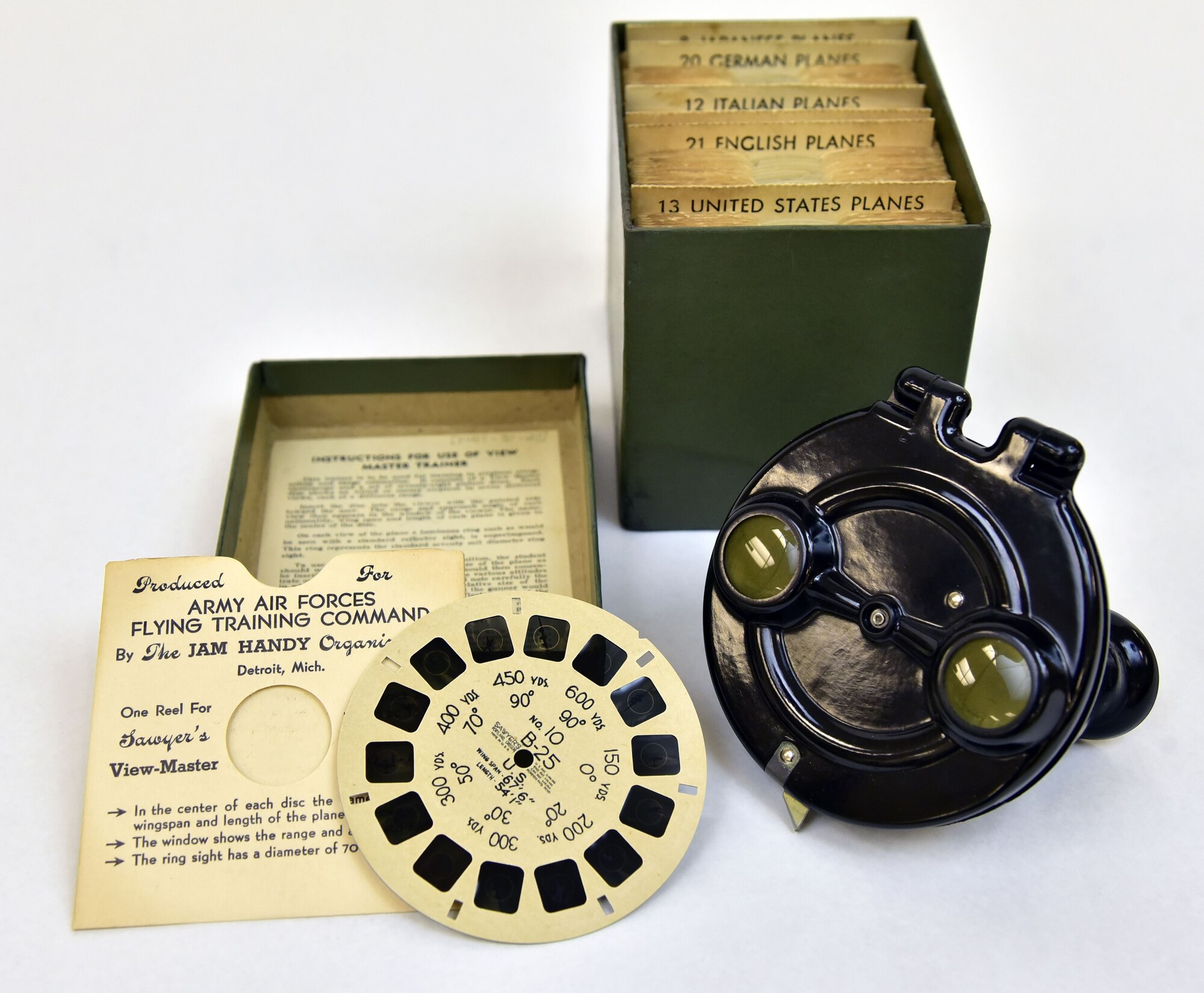 Plans call for this artifact to be displayed near the B-17F Memphis Belle™ as part of the new strategic bombardment exhibit in the WWII Gallery, which opens to the public on May 17, 2018. During WW II, View-Master produced about 100,000 stereo viewers and millions of discs for recognition and range estimation training.