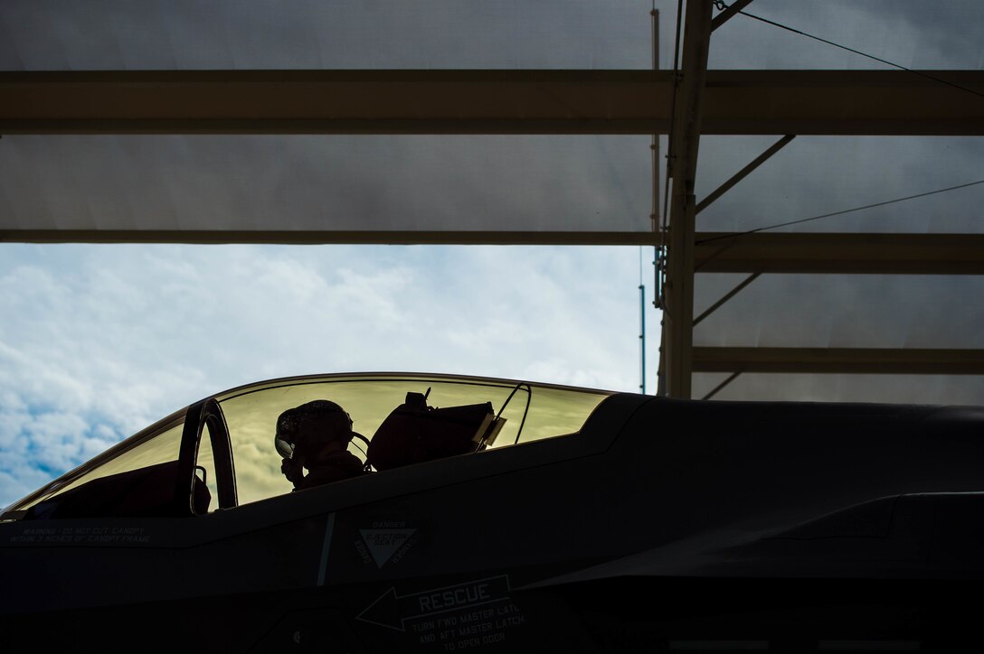 A pilot assigned to the 63rd Fighter Squadron prepares an F-35A Lighting II for flight at Luke Air Force Base, Ariz., Dec. 1, 2017. Pilots perform a series of aircraft tests before every flight, with help from a crew chief, to ensure the aircraft is functioning properly and safe to fly. (U.S. Air Force photo by Staff Sgt. Jensen Stidham)