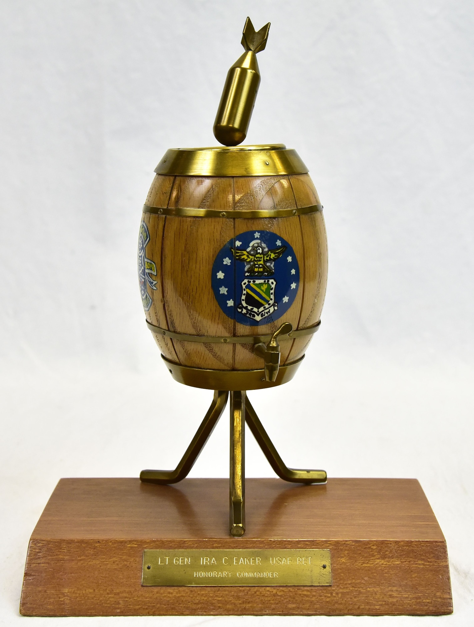 Plans call for this artifact to be displayed near the B-17F Memphis Belle™ as part of the new strategic bombardment exhibit in the WWII Gallery, which opens to the public on May 17, 2018. Gen Ira Eaker received this commemorative “bomb in a pickle barrel” trophy to recognize his role in the strategic bombing campaign.