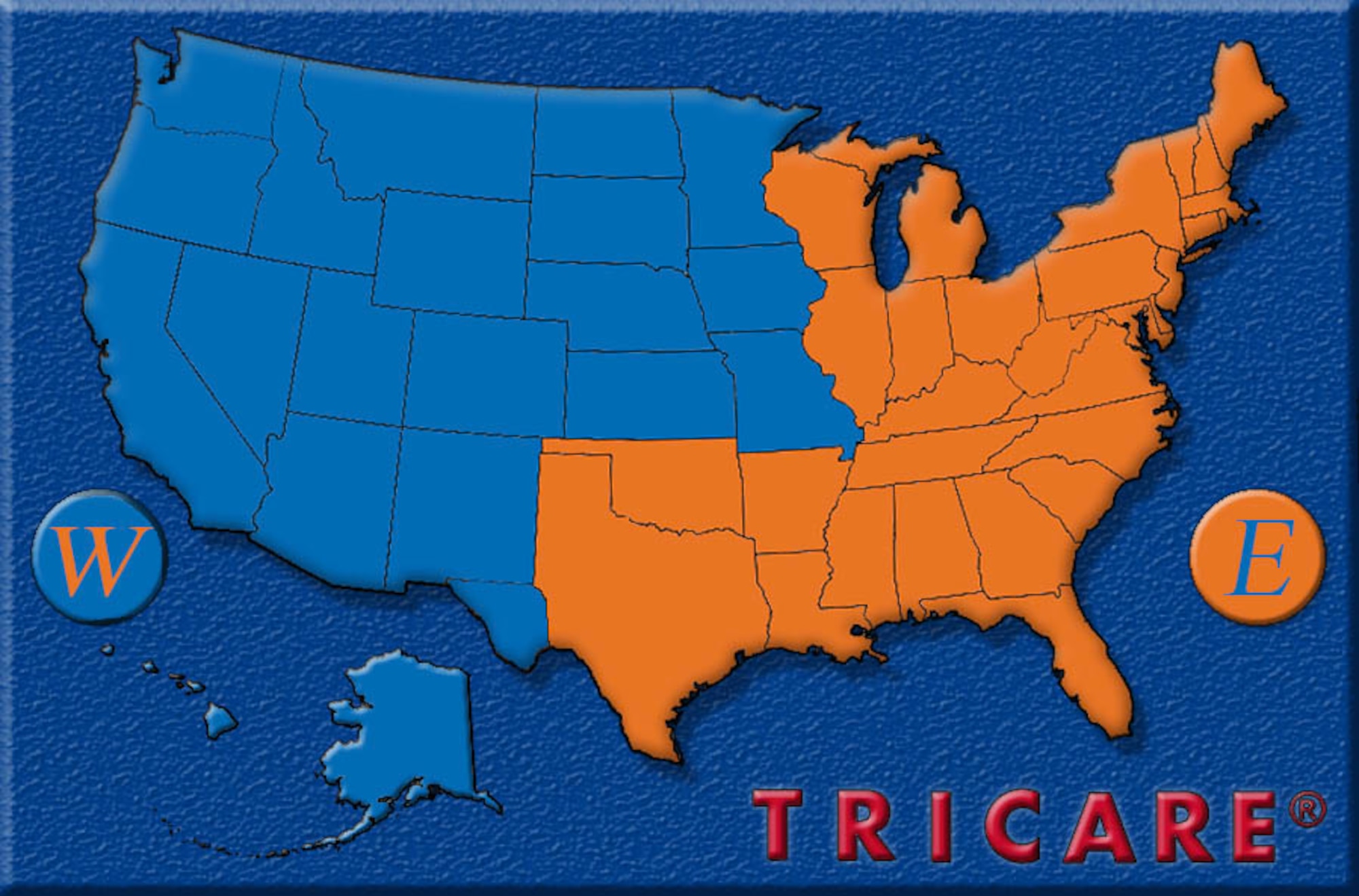 The TRICARE West region is marked in blue and the TRICARE East is marked in orange.