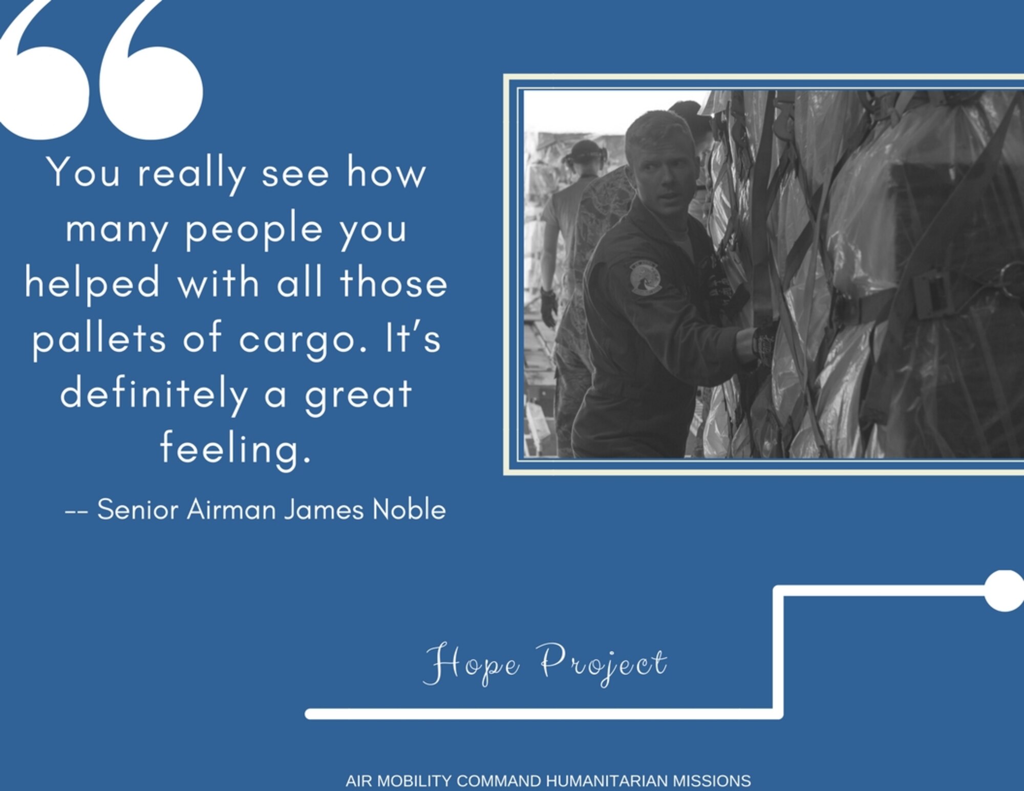 Senior Airman James Noble, loadmaster with the 300th Airlift Squadron, speaks about delivering over 130,000 pounds of humanitarian aid to Central American and Caribbean nations as part of the Denton humanitarian program. (U.S. Air Force graphic by Candy Knight)