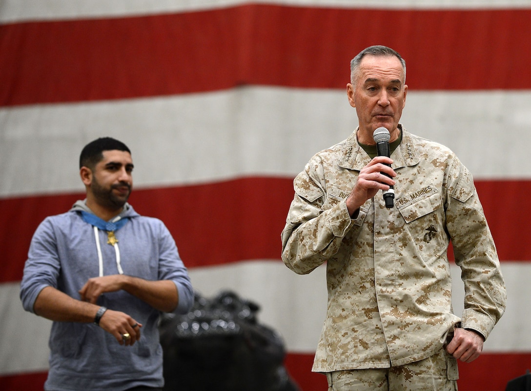 U.S. Marine Corps Gen. Joe Dunford, Chairman of the Joint Chiefs of Staff, speaks to Bagram Airfield troops during the 2017 Chairman's USO Holiday Tour Dec. 24, 2017 at Bagram Airfield, Afghanistan.