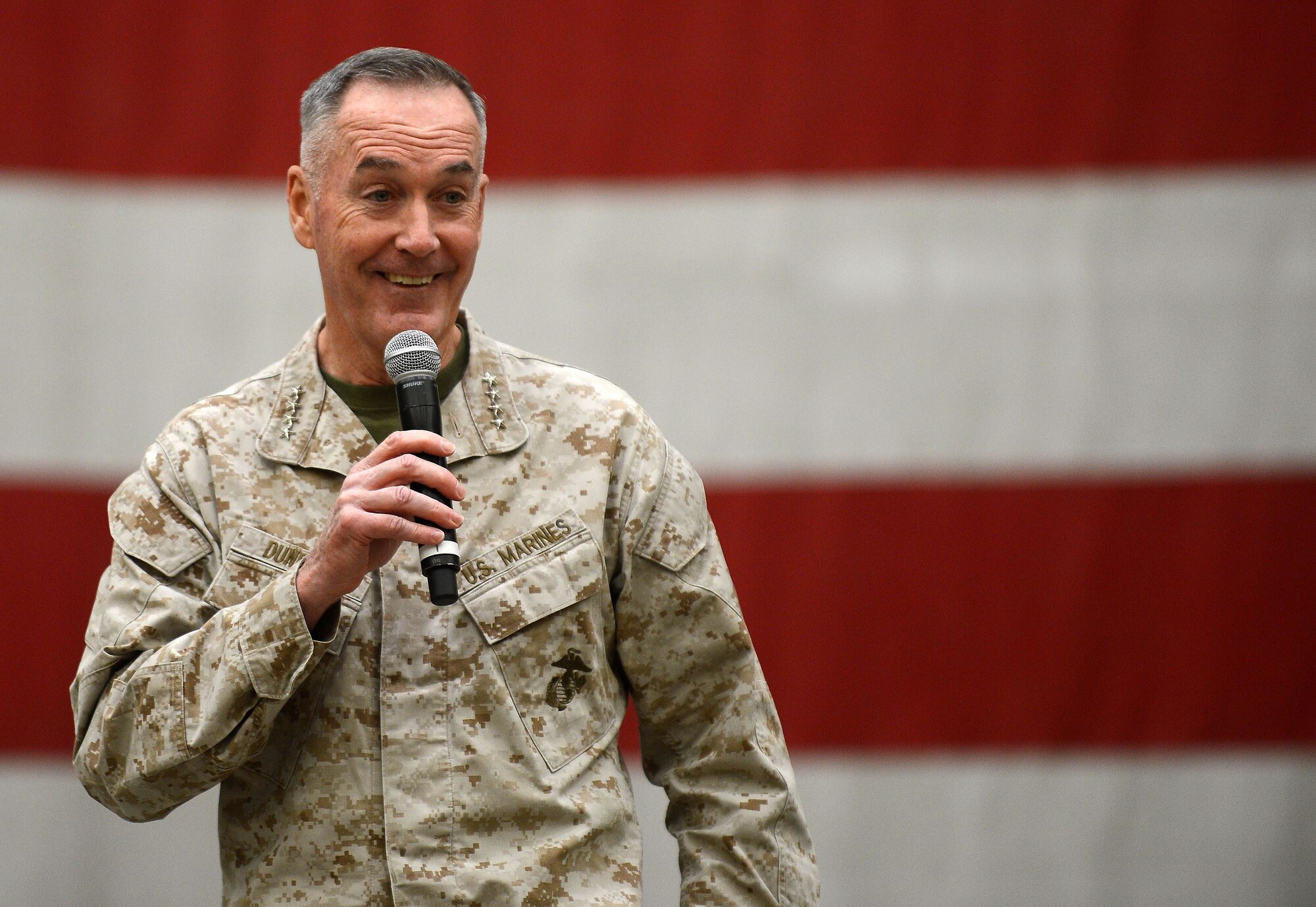 U.S. Marine Corps Gen. Joe Dunford, Chairman of the Joint Chiefs of Staff, speaks to Bagram Airfield troops during the 2017 Chairman's USO Holiday Tour Dec. 24, 2017 at Bagram Airfield, Afghanistan.