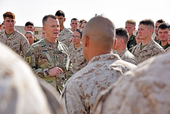 U.S. Army Lt. Gen. Paul Funk II, Combined Joint Task Force – Operation INHERENT RESOLVE commanding general, speaks with Marines at the 407th Air Expeditionary Group in Southwest Asia, Dec. 23, 2017. Funk spoke to the Marines about ongoing operations. (U.S. Air Force photo by Staff Sgt. Joshua Edwards/Released)