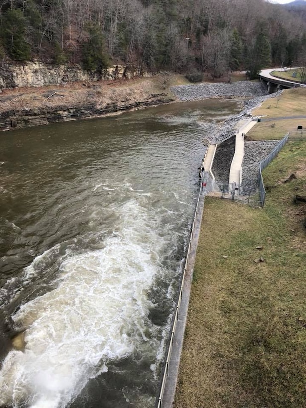 The U.S. Army Corps of Engineers Nashville District announces that Martins Fork Dam and fishing pier area are closing Jan. 8, 2018 for approximately 30 days while crews work to remove accumulated debris from the stilling basin.  A structural inspection is also being performed during the closure. (USACE photo by Sue Bush)
