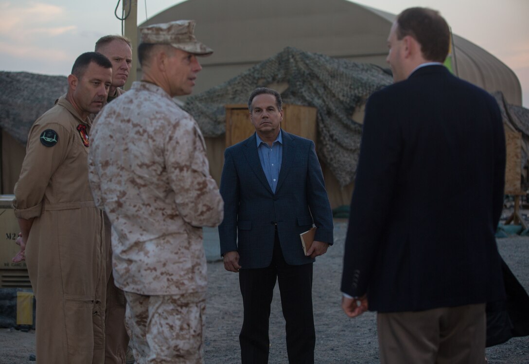 David N. Cicilline (middle), Democratic Representative for Rhode Island’s 1st Congressional District and Lee Zeldin, Republican Representative for New York’s 1st Congressional District listen as U.S. Marine Col. Christopher D. Gideons, commanding officer, Special Purpose Marine Air-Ground Task Force – Crisis Response – Central Command, explains the purpose and mission of the SPMAGTF-CR-CC during a trip to the Middle East Dec. 26, 2017. Cicilline was part of a congressional delegation that visited service members currently forward deployed to learn about their mission and join them for the holidays.