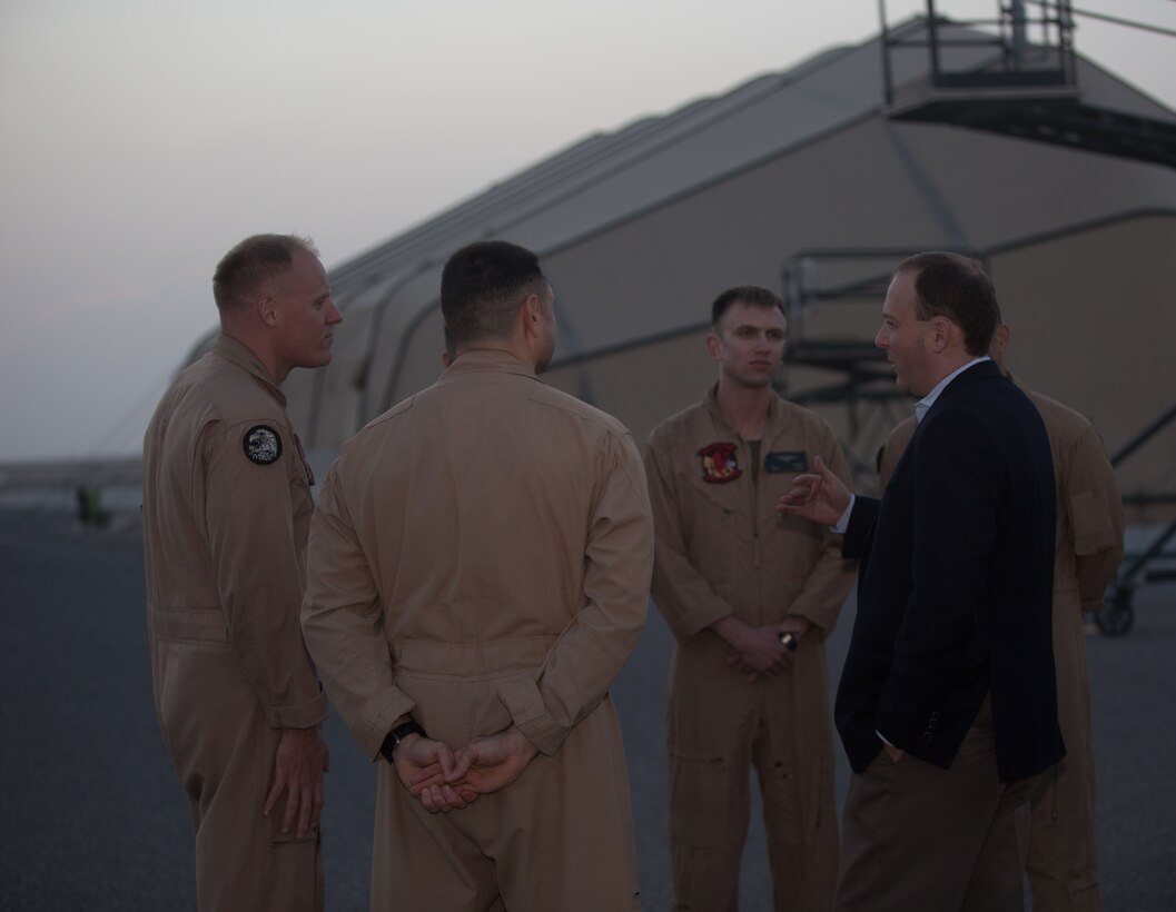 David N. Cicilline (middle), Democratic Representative for Rhode Island’s 1st Congressional District and Lee Zeldin, Republican Representative for New York’s 1st Congressional District listen as U.S. Marine Col. Christopher D. Gideons, commanding officer, Special Purpose Marine Air-Ground Task Force – Crisis Response – Central Command, explains the purpose and mission of the SPMAGTF-CR-CC during a trip to the Middle East Dec. 26, 2017. Cicilline was part of a congressional delegation that visited service members currently forward deployed to learn about their mission and join them for the holidays.