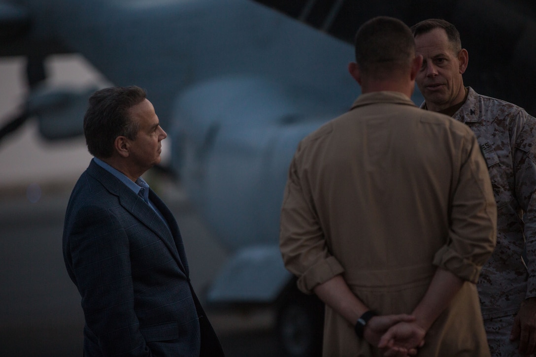 David N. Cicilline, Democratic Representative for Rhode Island’s 1st Congressional District, listens as U.S. Marine Col. Christopher D. Gideons, commanding officer, Special Purpose Marine Air-Ground Task Force – Crisis Response – Central Command and Lt. Col. Brian Clifton, commanding officer, Marine Medium Tiltrotor Squadron 363 (VMM-363), SPMAGTF-CR-CC, explain the mission of the SPMAGTF-CR-CC and how VMM-363 supports it during a visit to the Middle East Dec. 26, 2017. Cicilline was part of a congressional delegation that visited service members currently forward deployed to learn about their mission and join them for the holidays.