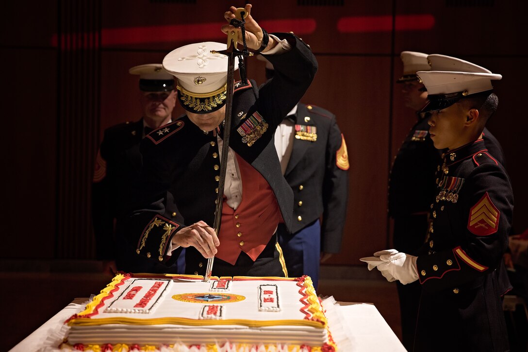 Maj.Gen. Russell A. Sanborn, the commander of U.S. Marine Corps Forces, Europe and Africa, cuts the birthday cake during the MARFOREUR/AF birthday ball on Nov. 4, 2017, in Sindelfingen, Germany. (Courtesy Photo)