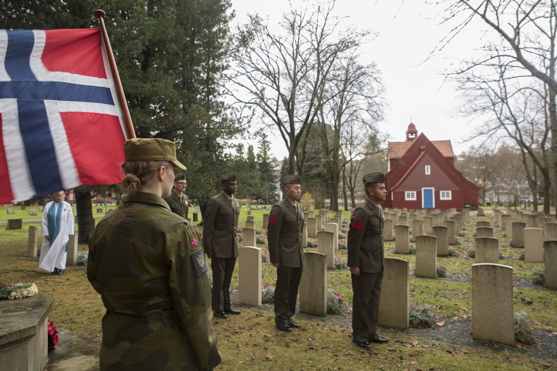 U.S. Marines and sailors with Marine Rotational Force Europe 17.2 prepare to march away from the memorial after paying their respects in Trondheim, Norway, Nov. 12, 2017. The memorial is dedicated to all fallen soldiers from past and present conflicts. Events like this help the U.S. and Norway to preserve mutual commitment and trust in confronting evolving strategic challenges together. (U.S. Marine Corps photo by Lance Cpl. Jesus Flores)