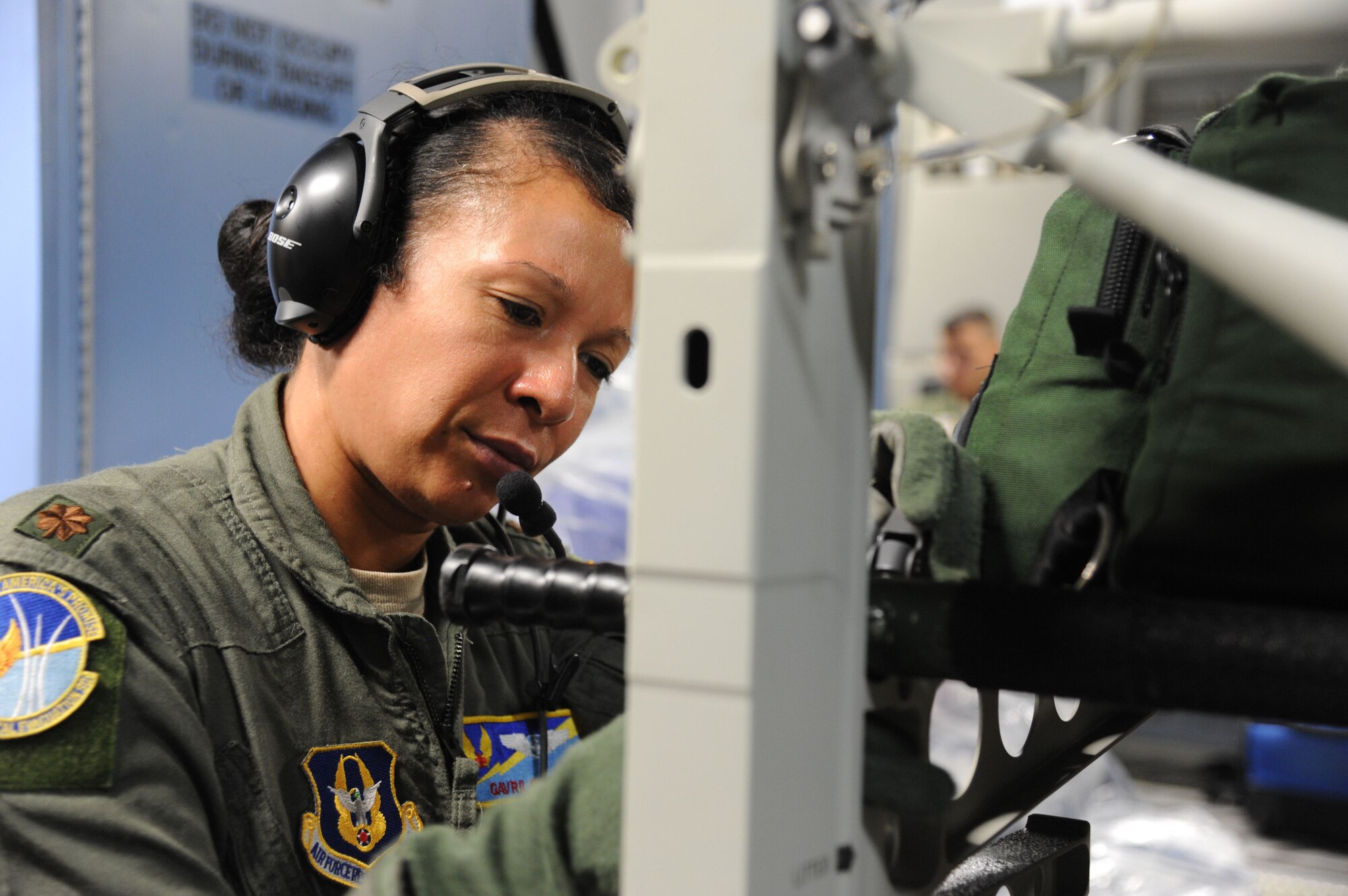 U.S. Air Force Maj. Gavril Goodman assigned to the 45th Aeromedical Evacuation Squadron, MacDill, Air Force Base, Florida, prepares a C-17 Globemaster III to receive patients that will be transported from St. Croix to Dobbins Air Reserve Base, Ga., Sept. 24, 2017. Within hours after Hurricane Maria impacted the U.S. Virgin Islands, Reserve Citizen Airmen, from MacDill AFB, were tasked to conduct humanitarian missions. (U.S. Air Force photo by Tech. Sgt. Peter Dean)