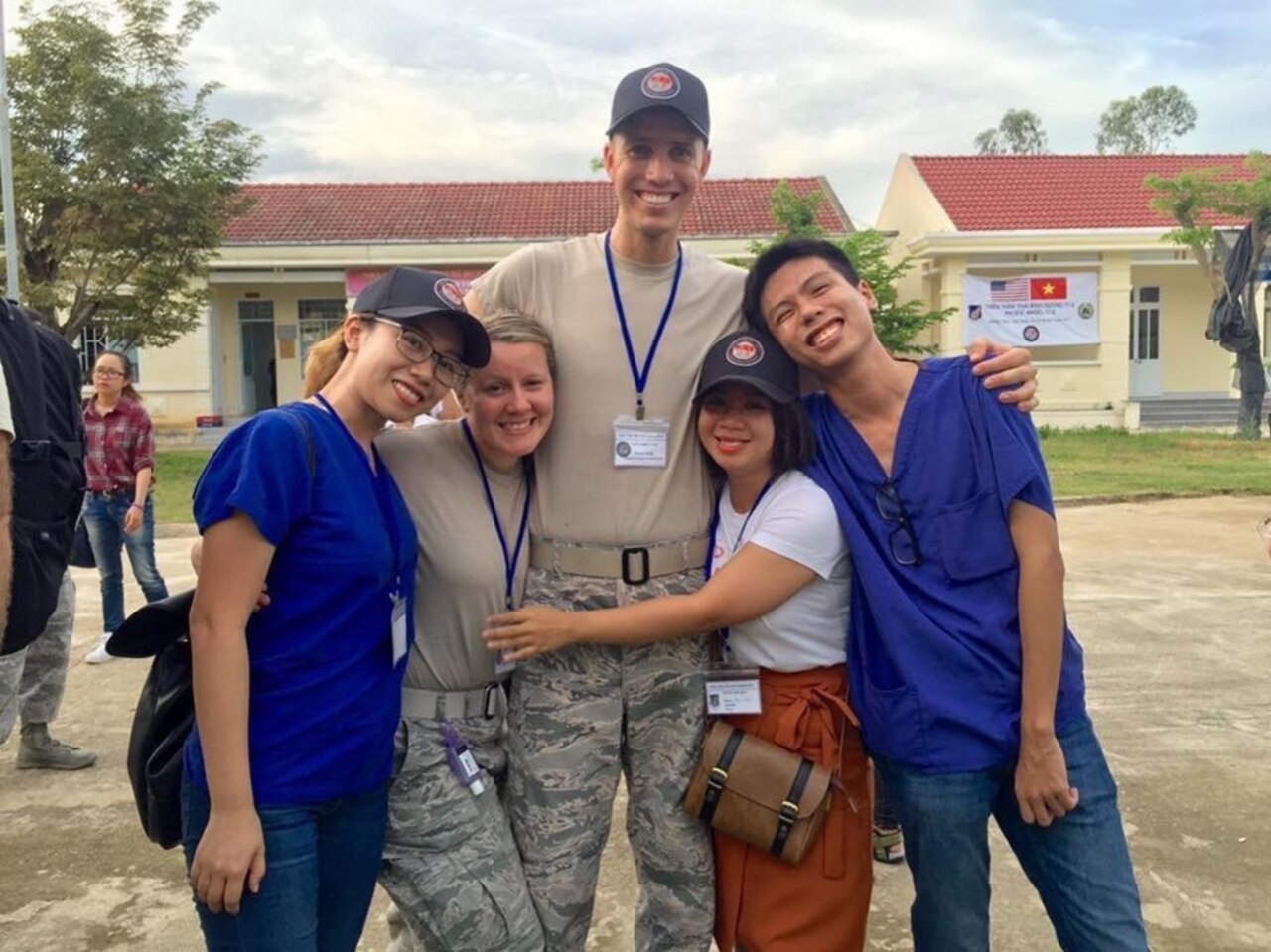 Air Force Maj. (Dr.) Cody Butler, a physical therapist and commander of the 78th Medical Group Clinical Medicine Flight, poses with other members of his engagement team in Tam Ky, Quang Nam Province, Vietnam, Nov. 30, 2017. Butler was in Vietnam as part of a team seeing patients and building relationships with local physicians during the humanitarian assistance engagement Operation Pacific Angel Vietnam 2017. Air Force photo by Jonathan Bell