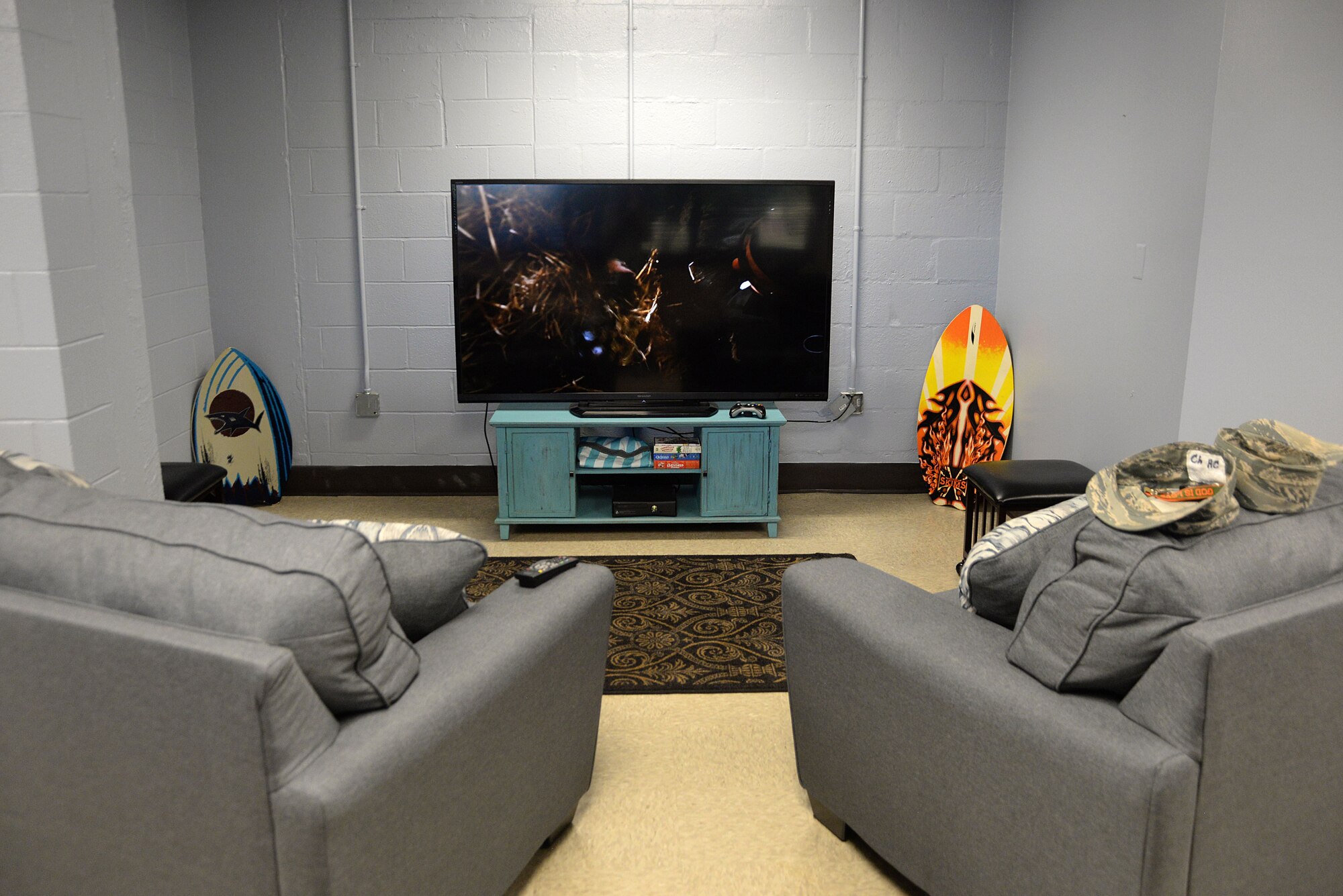 A movie plays on a TV during the Haven reopening Dec. 21, 2017, on Keesler Air Force Base, Mississippi. Keesler’s private organizations came together to remodel and reopen the Haven to improve the dorm common area for Keesler’s dorm residents. (U.S. Air Force photo by Airman 1st Class Suzanna Plotnikov)