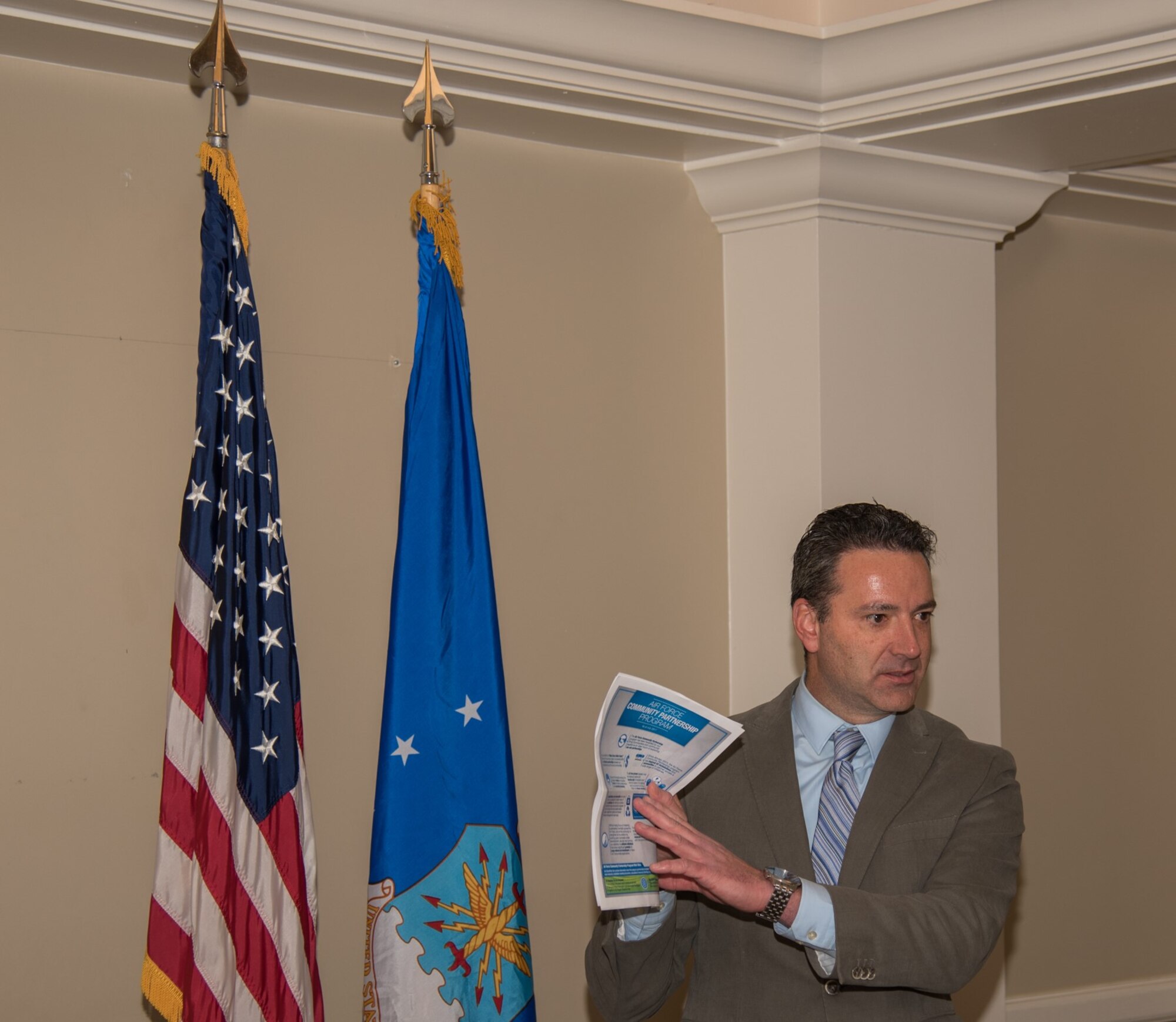 Fred Brooks, 21st Civil Engineer Squadron environmental element chief, speaks at the Area Chiefs of Staff meeting on Peterson AFB, Colorado Dec. 20 2017. ACOS discussed the Air Force Community Partnership program and its benefits to the local area. (U.S. Air Force photo by 2nd Lt. Justin Davidson-Beebe)
